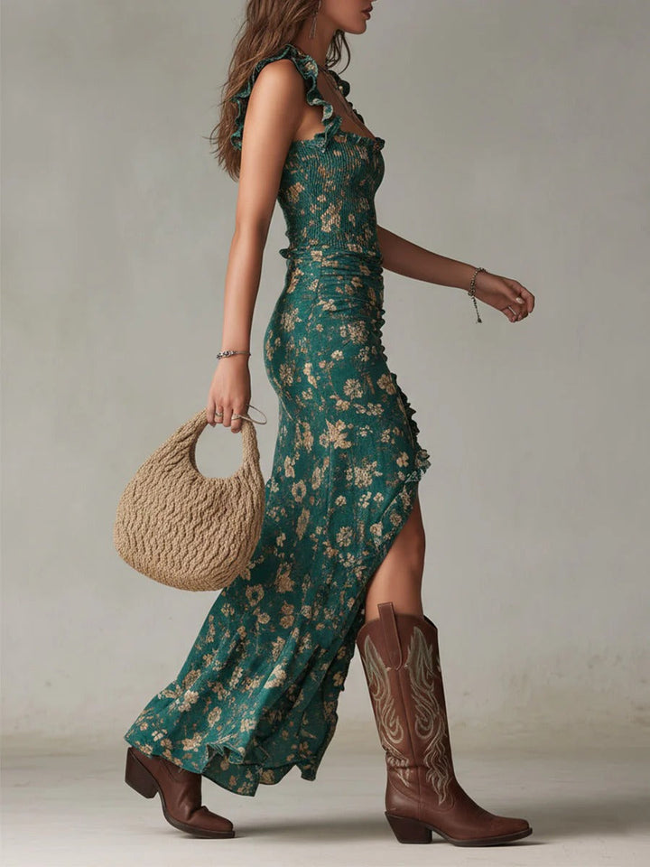 Zara - Retro Boho Maxi Dress with Flowing Sleeves and Side Slit