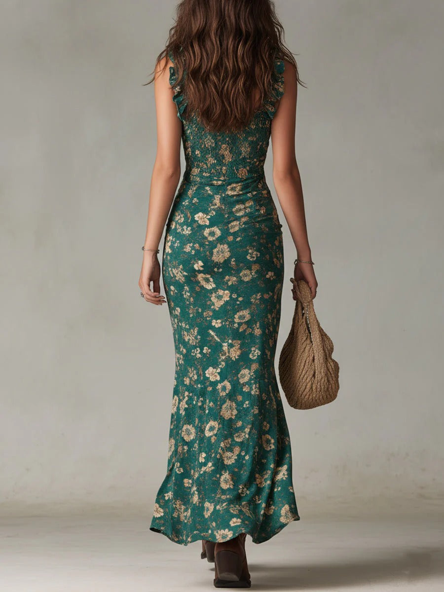 Zara - Retro Boho Maxi Dress with Flowing Sleeves and Side Slit