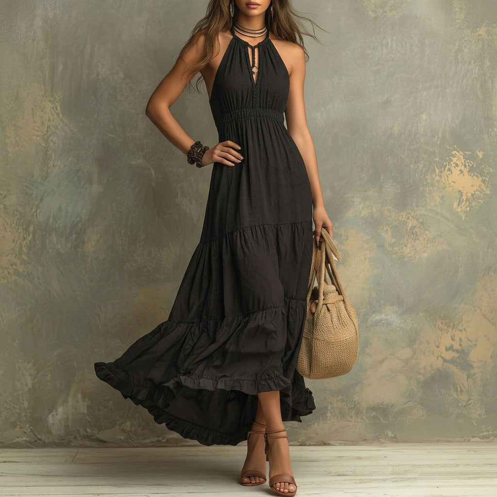 Emily - Black Bohemian High-necked Ruffled Lace Maxi Dress