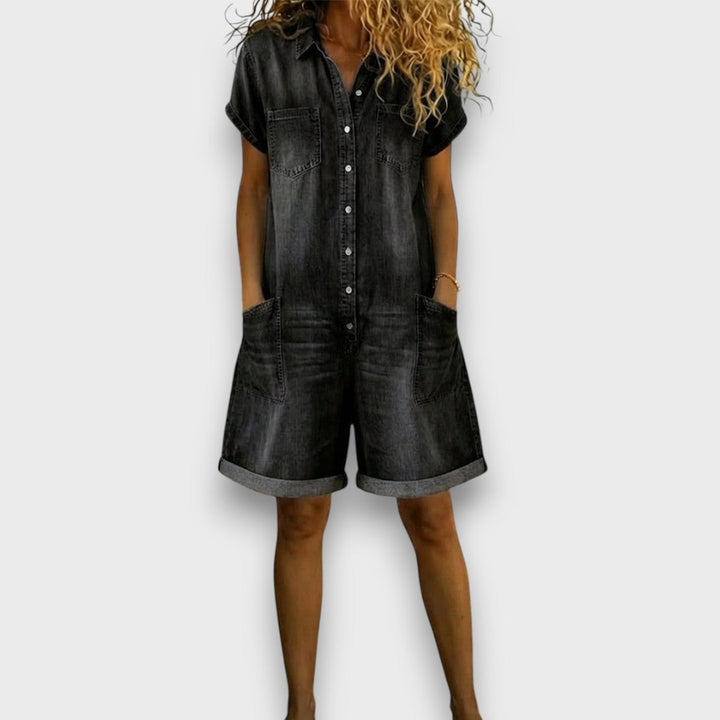 Kate - Vintage Short Jumpsuit in Cotton with Denim Look