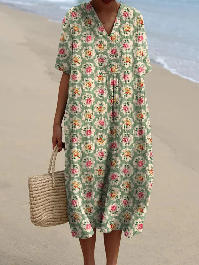 Eulalia - Retro Floral Dress in Aqua Green
