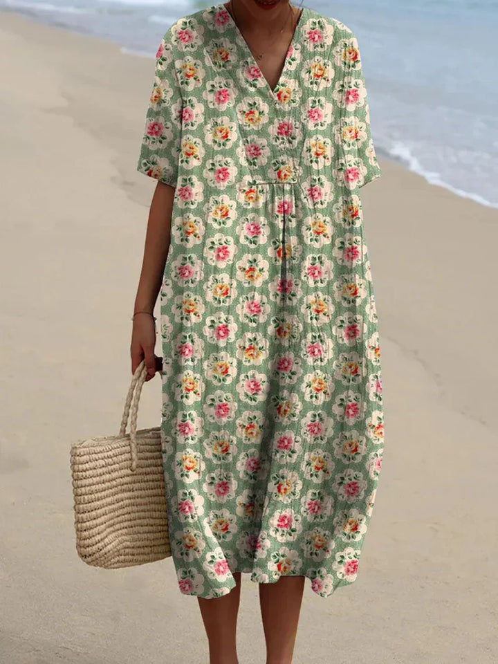 Eulalia - Retro Floral Dress in Aqua Green