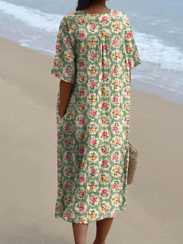 Eulalia - Retro Floral Dress in Aqua Green